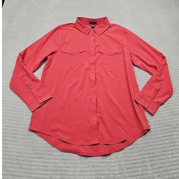 Eddie Bauer Shirt Womens Medium Performance Material Button Up Roll Tab Sleeve - Picture 1 of 7